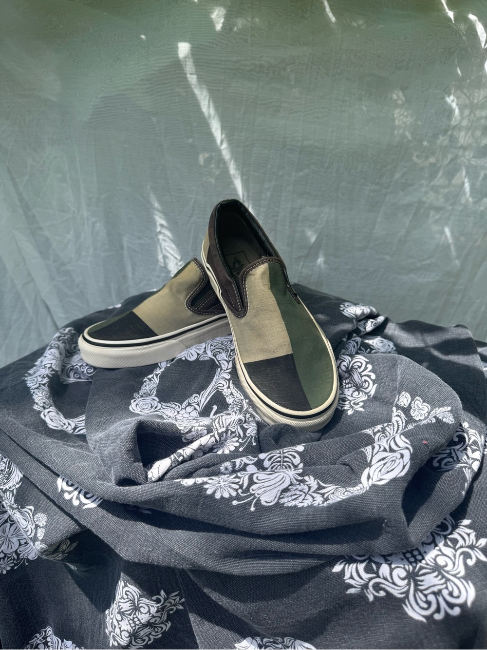 Vans Slip-On Patchwork Canvas Sneakers - Olive, Black, Tan